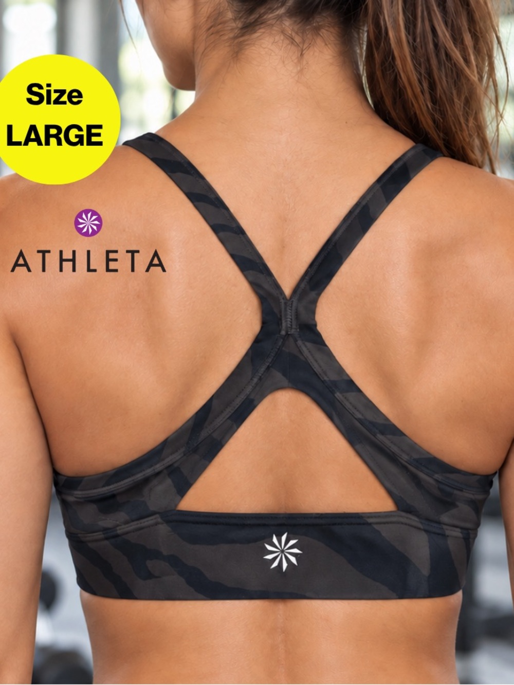 ATHLETA 🤎 Black, Brown Camo Strappy X-Back Low Impact Sports Bra (Women’s Large)